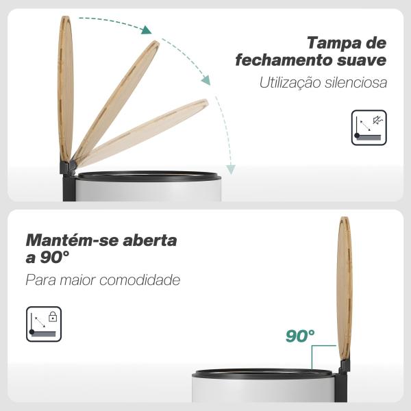 Balde do Lixo para Cozinha com Pedal 30L Cubo de Lixo Metálico com Tampa de Fecho Suave e Balde Removível 36x30x60,5 cm Branco e Madeira