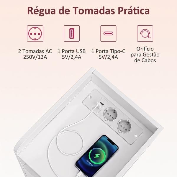 Conjunto de 2 Mesas de Cabeceira Estreitas com Estação de Carregamento, Porta, Compartimento Aberto e Prateleira Ajustável, Branco