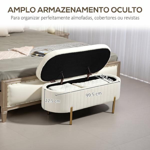 Banco para Pé de Cama em Veludo com Arrumação e Pés Dourados, 108x44x43,5 cm, Creme