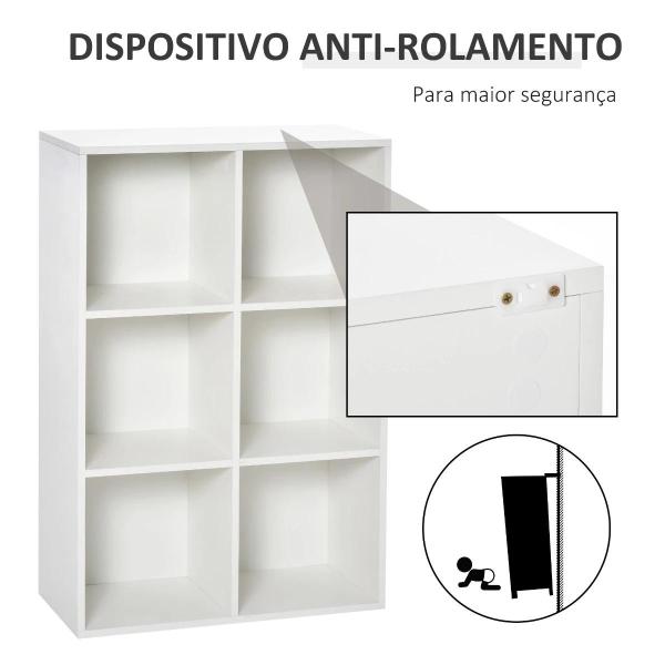 Estante para Livros Estante de Madeira de 3 Níveis com 6 Compartimentos de Armazenamento 65,5x30x97,5 cm Branco