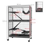 Gaiola para Roedores 80x52x128 cm Casa de 4 Alturas com Rampas Suspensa Rede Bandeja Removível Rodas Cinza Prateado