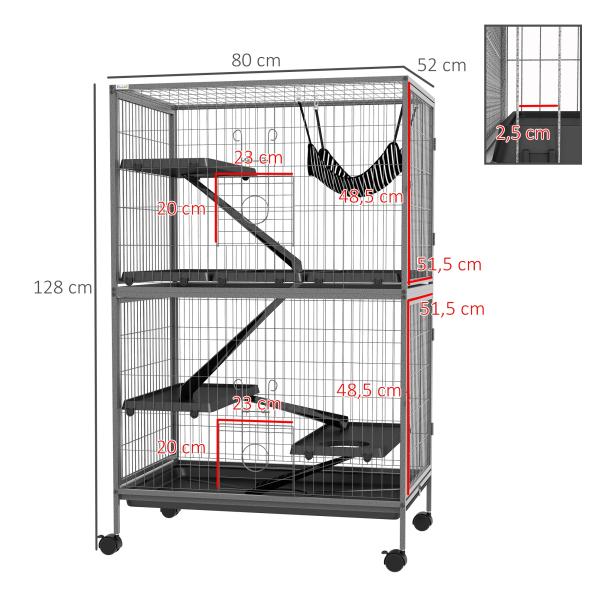 Gaiola para Roedores 80x52x128 cm Casa de 4 Alturas com Rampas Suspensa Rede Bandeja Removível Rodas Cinza Prateado