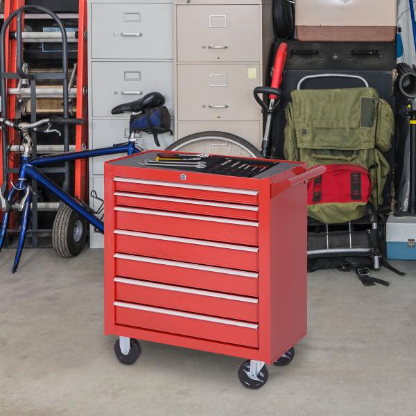 Carrinho de Ferramentas com 7 Gavetas Rodas Trava Armário de Armazenamento para Oficina de Garagem e Chapa de Aço 69x33x75 cm Vermelho