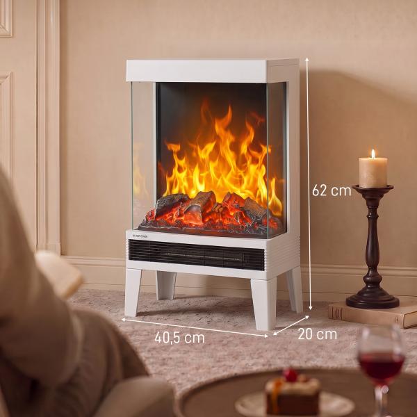 Lareira Elétrica 1000/2000 W com Chama LED Ajustável, até 15 - 20 m², 40,5 x 20 x 62 cm, Branca