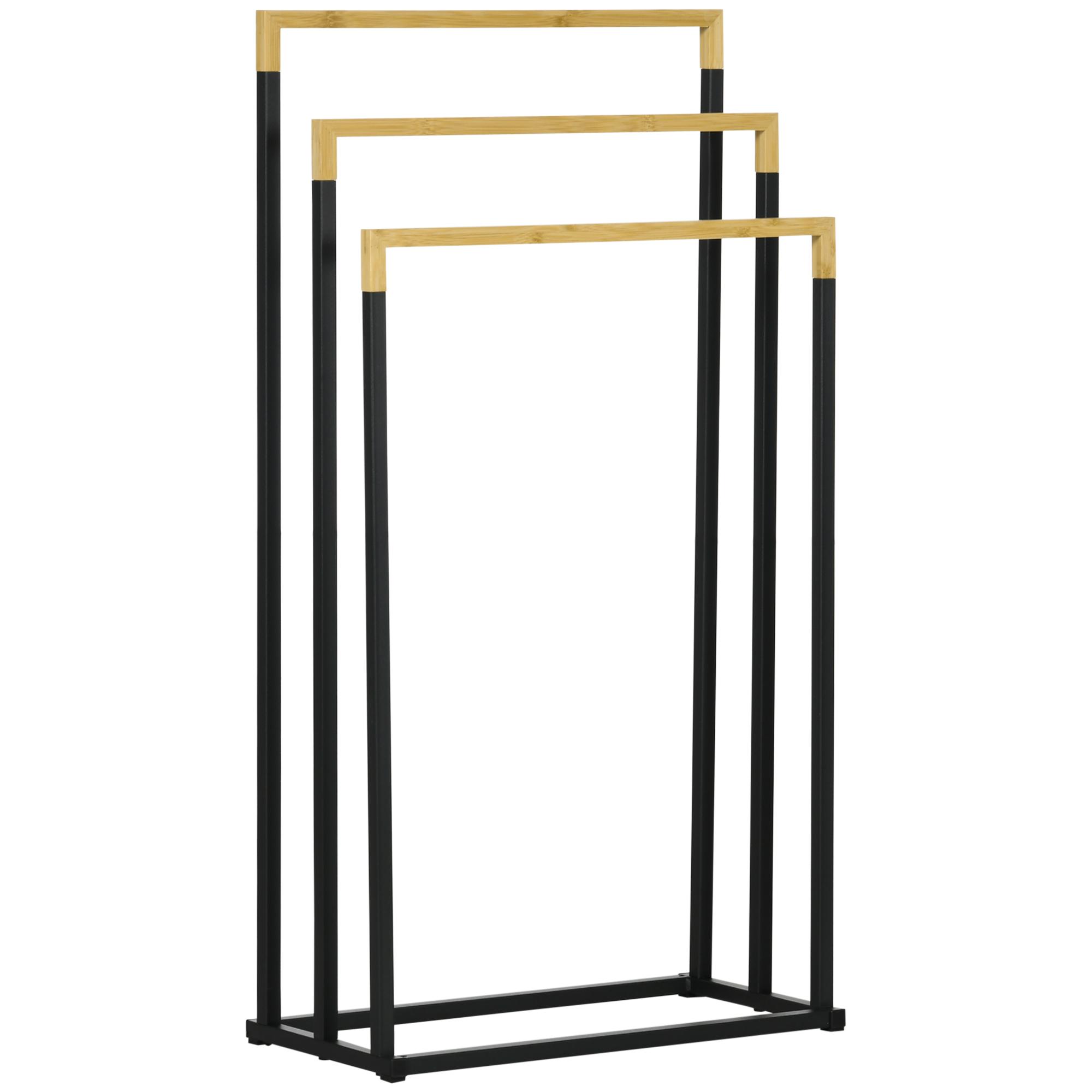 Toalheiro de Pé de 3 Níveis em Forma de Escada com 3 Barras de Bambu e Estrutura de Aço 45x22,5x86 cm Preto e Natural