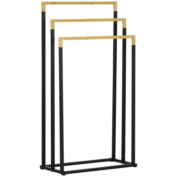 Toalheiro de Pé de 3 Níveis em Forma de Escada com 3 Barras de Bambu e Estrutura de Aço 45x22,5x86 cm Preto e Natural