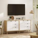 Aparador de Sala Moderno com 3 Gavetas Prateleira Ajustável e Pés em Madeira 80x35x77 cm Branco Brilhante e Carvalho