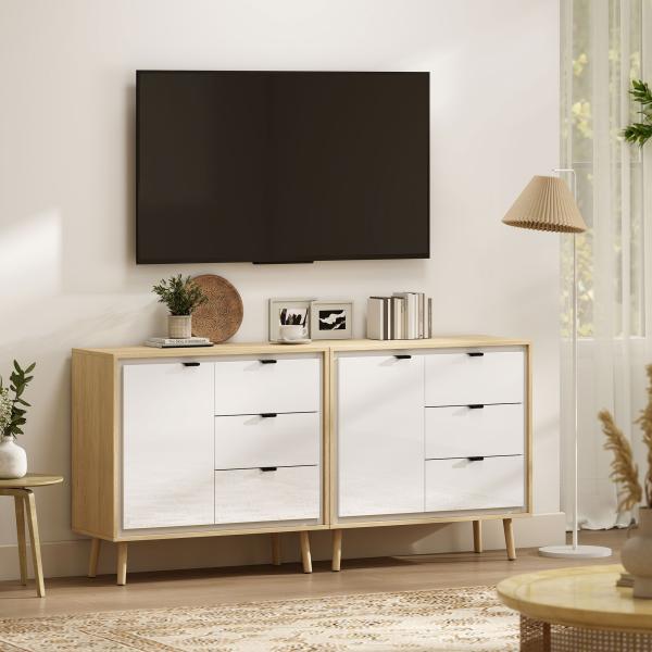 Aparador de Sala Moderno com 3 Gavetas Prateleira Ajustável e Pés em Madeira 80x35x77 cm Branco Brilhante e Carvalho