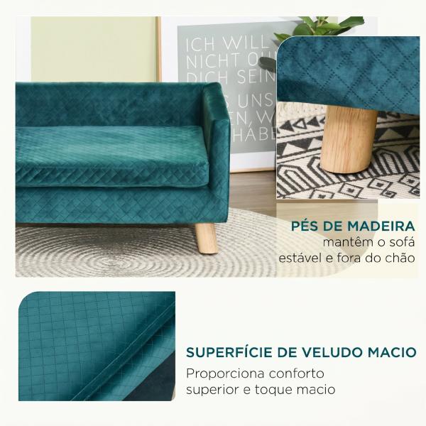 Sofá para Cães Pequenos 64x45x36 cm em Veludo com Almofada Lavável e Pés em Madeira de Bétula Azul Esverdeado