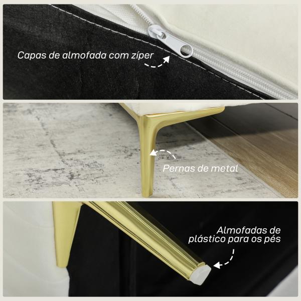 Sofá de 3 Lugares de 181 cm Estofado em Veludo com Almofadas Espessas Pernas de Metal Branco Creme