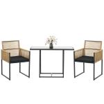 Conjunto de 3 Peças de Jardim com 2 Cadeiras de Vime com Encosto Dobrável e Almofadas e Mesa de Vidro Natural e Preto