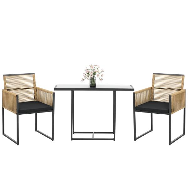 Conjunto de 3 Peças de Jardim com 2 Cadeiras de Vime com Encosto Dobrável e Almofadas e Mesa de Vidro Natural e Preto