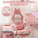 Cadeira Gaming com Orelhas Cadeira Gamer Reclinável com Altura Ajustável e Suporte Lombar 65x62x116 - 124 cm Rosa e Branco