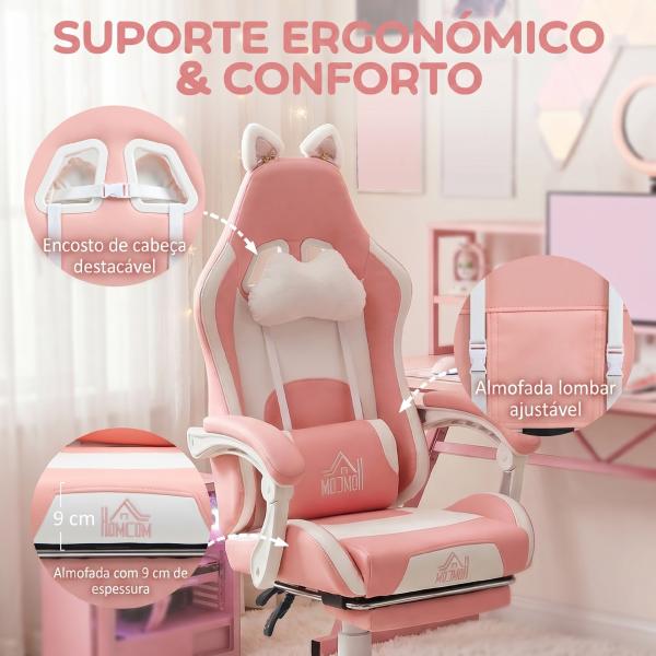 Cadeira Gaming com Orelhas Cadeira Gamer Reclinável com Altura Ajustável e Suporte Lombar 65x62x116 - 124 cm Rosa e Branco
