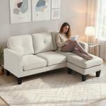 Sofá Chaise Longue Sofá em Forma de L Estofado em Poliéster Sofá de Canto Reversível 186x130x84 cm Creme