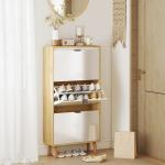 Sapateira Estreita com 3 Portas em Branco Brilhante Prateleiras Ajustáveis Pernas de Madeira para 18 Pares de Sapatos 60x24x127 cm