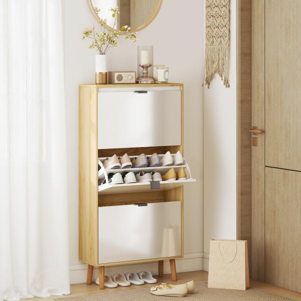 Sapateira Estreita com 3 Portas em Branco Brilhante Prateleiras Ajustáveis Pernas de Madeira para 18 Pares de Sapatos 60x24x127 cm