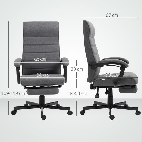 Cadeira de Escritório Giratória Reclinável com Altura Ajustável e Apoio para os Pés Retrátil 68x67x106 - 114 cm Cinza