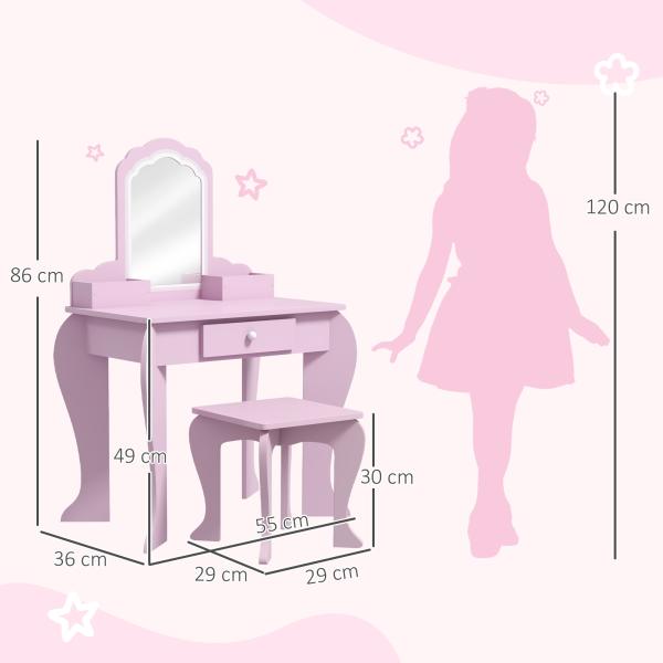Toucador Infantil para Meninas e Meninos Toucador de Maquilhagem com Banco Espelho Gaveta e Caixas de Arrumação Rosa