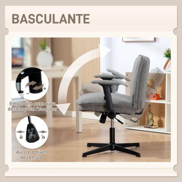 Cadeira de Escritório com Apoios de Braço Rebatíveis Assento Altura Ajustável Função Basculante 76x70x85 - 97 cm Cinzento