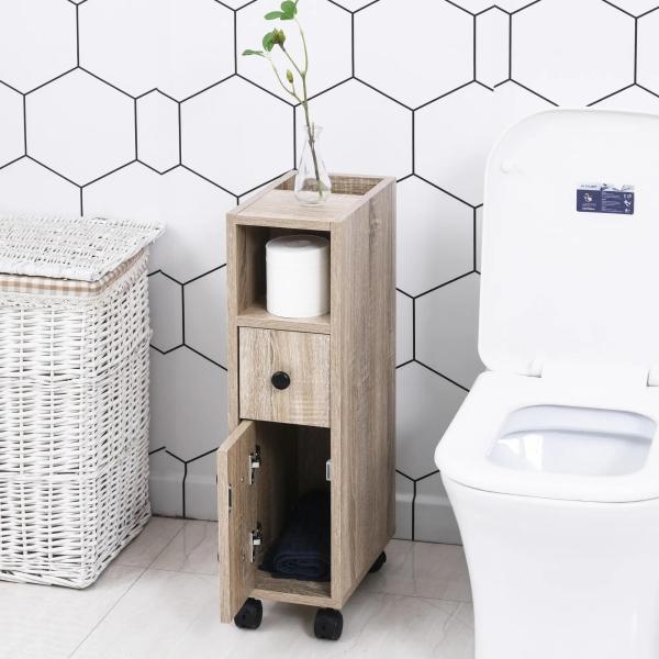 Armário de Casa de Banho para Espaço Reduzido com Rodas Prateleiras Abertas Armário e Gaveta 18x30x68,5 cm Madeira