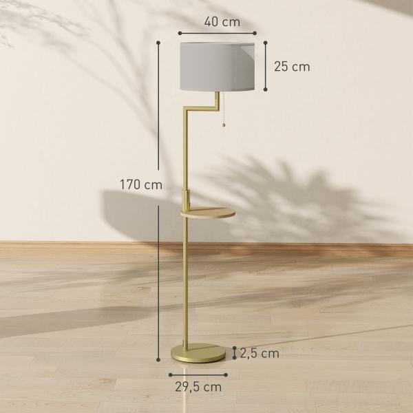 Candeeiro de Pé com Mesa Auxiliar Lâmpada E27 Máx. 40W Ecrã de Linho Interruptor de Corrente e Carregador USB Ø40x170 cm Dourado