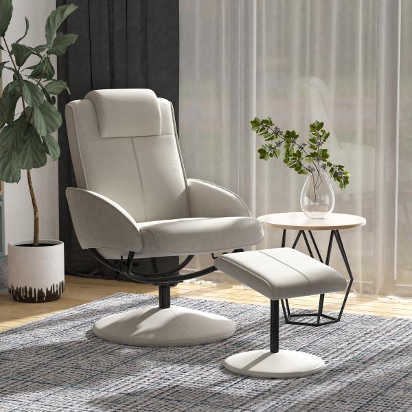 Poltrona Relax Reclinável até 145° com Banco de Apoio para os Pés Poltrona Giratória 360° Estofada em PU e Estrutura de Aço 78x67x98cm Cinza