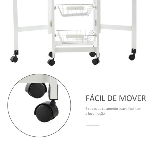 Carrinho de Cozinha Dobrável Carrinho Auxiliar com Rodas 1 Gaveta e 3 Cestos de Metal 97,2x37x77,5 cm Branco e Madeira