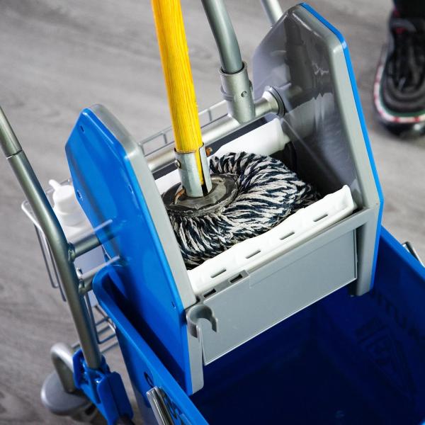 Carro de Limpeza Balde para Esfregona com Escorredor a Pressão Rodas e Cesto de Armazenamento Capacidade 26L 73x45x95 cm Azul