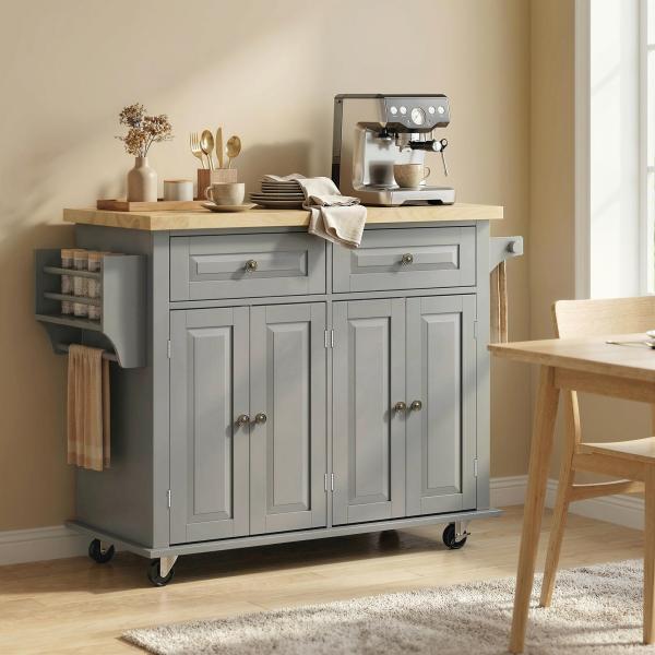 Ilha de Cozinha com Rodas 2 Gavetas 4 Portas Suporte para Temperos e Barra Lateral 111x44,5x82,5 cm Cinzento e Madeira