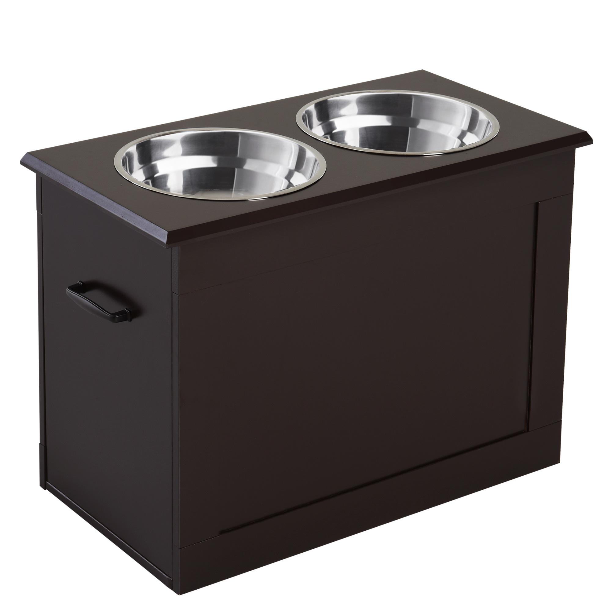 Comedouro Elevado para Cães com 2 Tigelas de Aço Inoxidável e Espaço de Armazenamento Oculto 60x30x41 cm Castanho Escuro