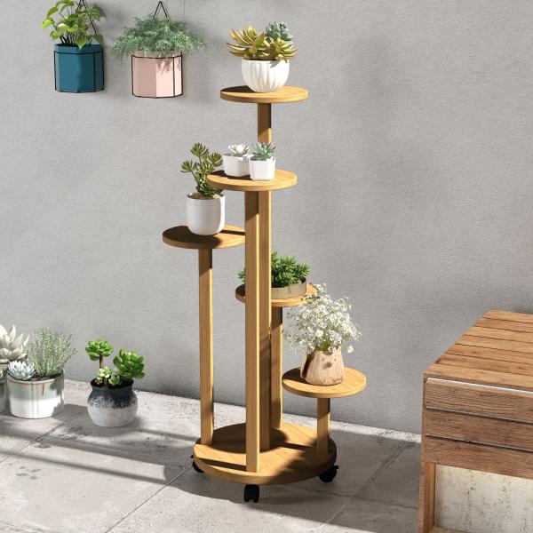 Suporte para Plantas em Bambu com Rodas de 5 Níveis Estante Redonda para Plantas para Cantos 33x33x90 cm Madeira