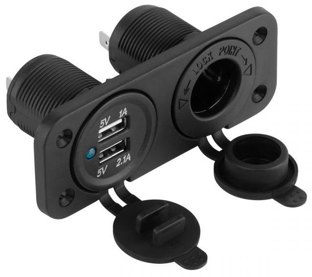 Tomada de Isqueiro de Painel c/ 2x USB (5V / 2.1A/1A) - 105x45mm
