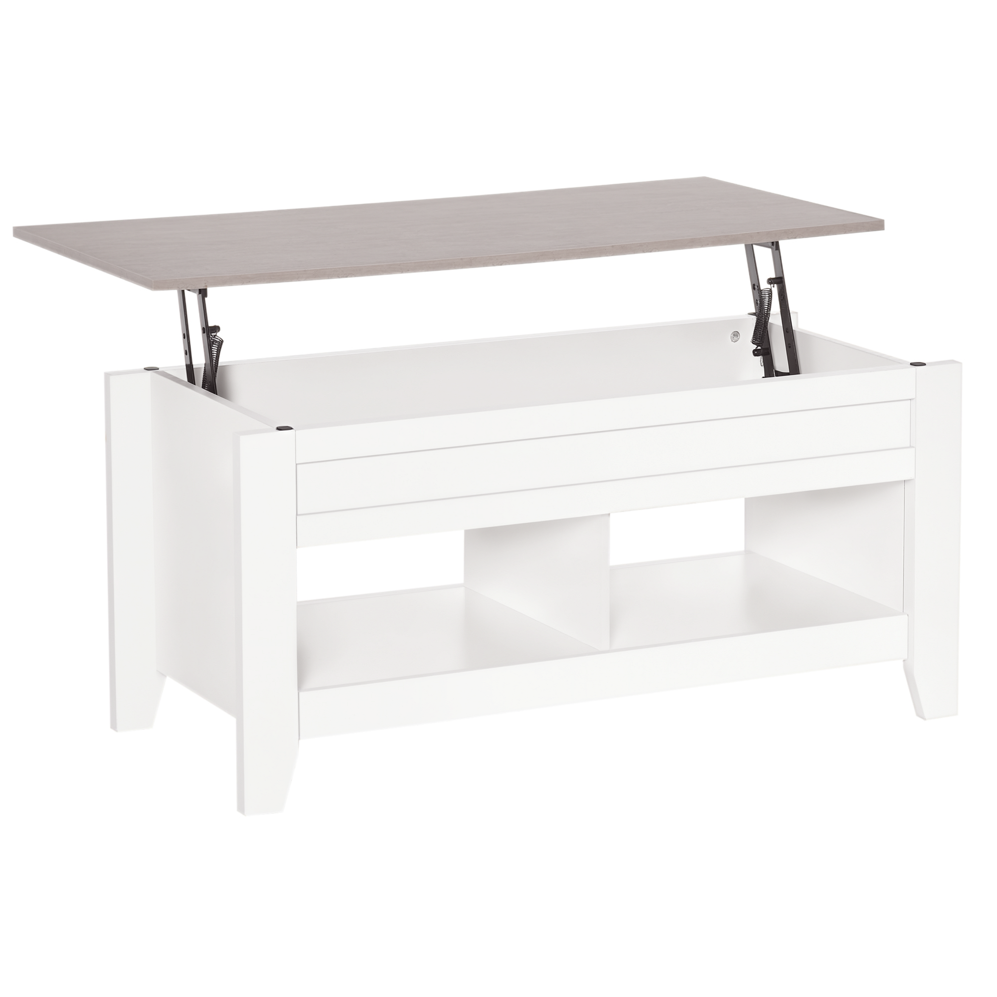 Mesa de Centro com Bancada Elevável Mesa de Centro com 2 Compartimentos Abertos Bancada de Imitação a Mármore Mesa Retangular para Sala de Estar 105x50x49cm Branco