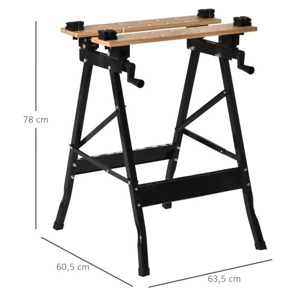 Bancada de Trabalho Dobrável Portátil com Placas Ajustáveis em Ângulo e Distância Bambú e Aço Carga Máx. 150kg 63,5x60x5x78cm Madeira Natural e Preto