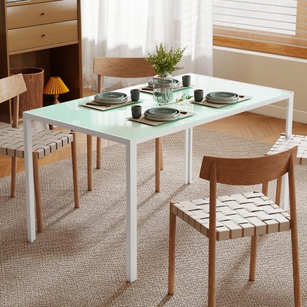 Mesa de Refeição de Vidro Mesa Retangular para 6 Pessoas com Pés de Metal 140x80x75 cm Branco