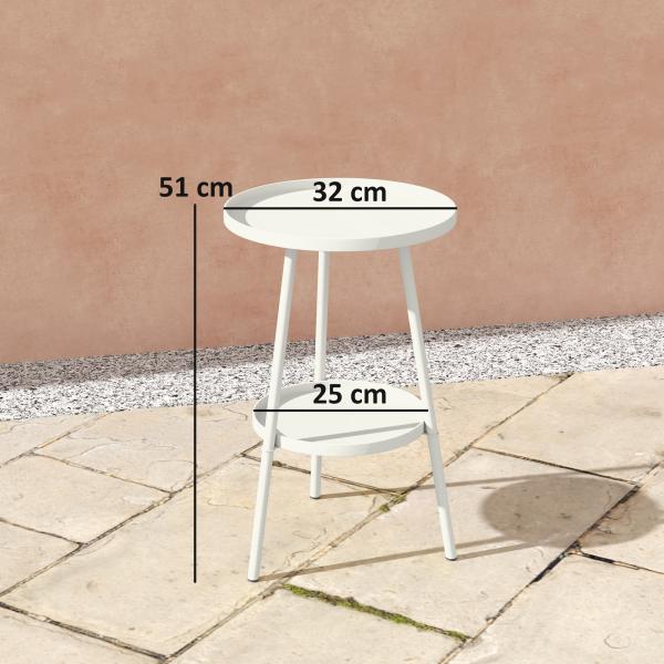 Mesa de Jardim Redonda de 2 Níveis Mesa de Exterior Ø32x51 cm com Bandeja Inferior e Estrutura de Metal Branco