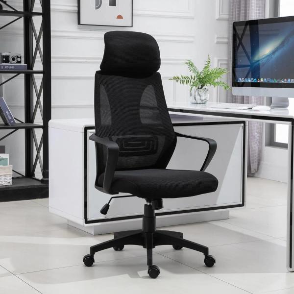 Cadeira de escritório ergonômica Cadeira de mesa inclinável ajustável em altura com encosto de braço Encosto de cabeça 5 rodas Suporta até 120 kg 64x58x116 - 126 cm Preto