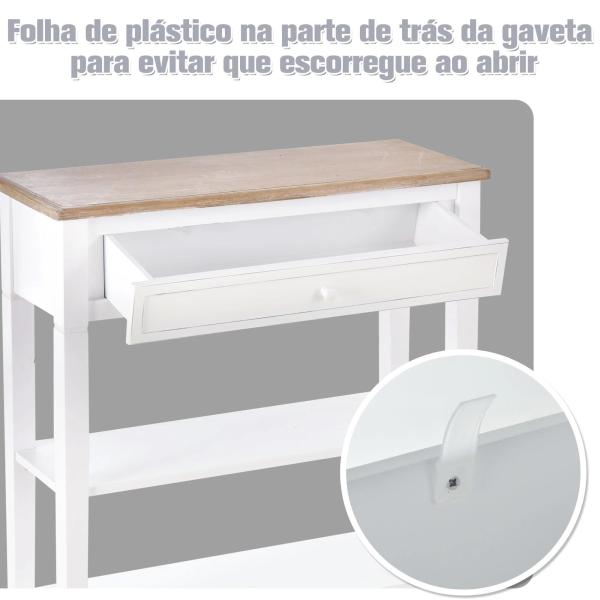 Mesa Consola Multifuncional Mesa Auxiliar para Sala de Estar Corredor Sala de Jantar com 2 Prateleiras 1 Gaveta Removível Puxador Estilo Retro Pinho 75,6x27,5x80,5 cm Madeira Natural e Branco