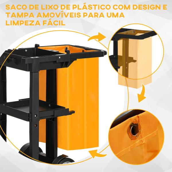 Carro de Limpeza com Bolsa Carrinho de Limpeza com Rodas e 3 Prateleiras 121x50,5x96,5 cm Preto e Amarelo