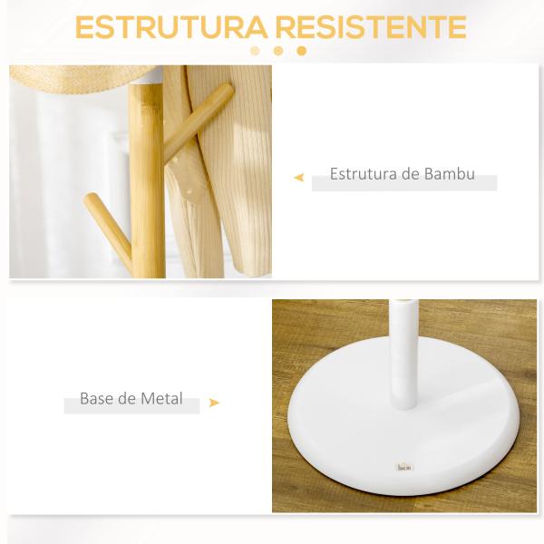 Cabide de Pé de Bambu Moderno com 8 Ganchos para Roupas Bolsas Ø37,8x175,6 cm Madeira e Branco