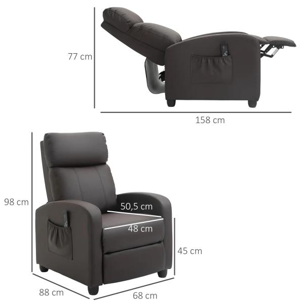 Poltrona de Massagem Reclinável com 2 Zonas de Massagem 8 Programas e 5 Níveis de Intensidade 68x88x98 cm Marrom Escuro