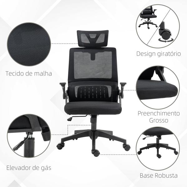 Cadeira de Escritório de Malha Confortável Giratória com Altura e Apoio para a Cabeça Ajustáveis Apoio Lombar Preto 60x61x104,5 - 121,5 cm