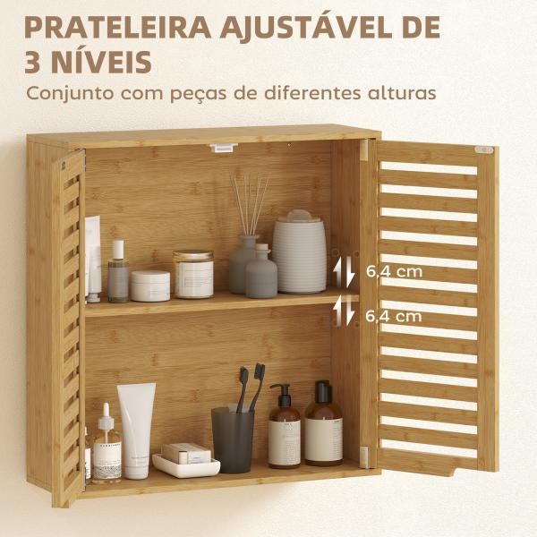 Armário de Parede de Bambu Móvel de Casa de Banho Suspenso com Prateleira Ajustável Portas de Ripas 60x20x60 cm Madeira
