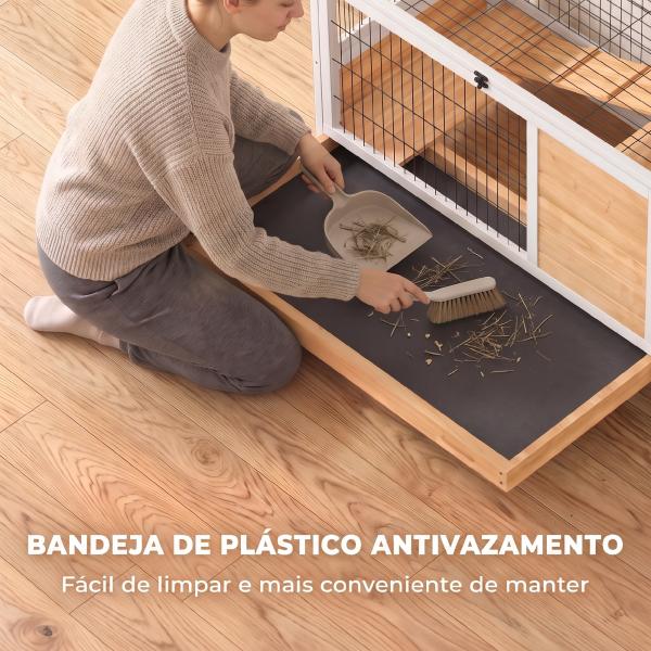 Coelheira de Madeira Gaiola de para Pequenos Animais Portátil com Teto Abatível Rampa Bandeja Amovível 90x53x59cm Madeira