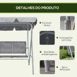 Baloiço Jardim de 3 Lugares com Toldo Ajustável Encosto Respirável e Estrutura de Metal Carga 240kg 171x108x154cm Cinza