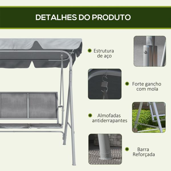 Baloiço Jardim de 3 Lugares com Toldo Ajustável Encosto Respirável e Estrutura de Metal Carga 240kg 171x108x154cm Cinza