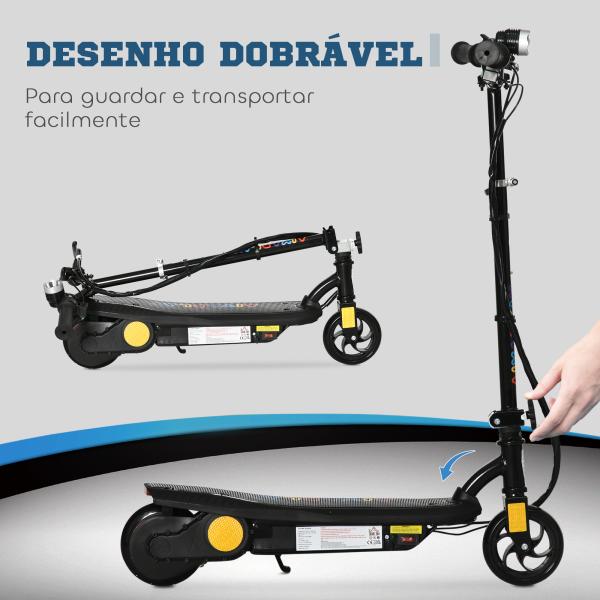 Trotinete Elétrica Dobrável com Velocidade Máx. 12 km/h Motor 120 W Autonomia Máxima 10 km e Farol LED 75x48x93 - 105 cm Preto