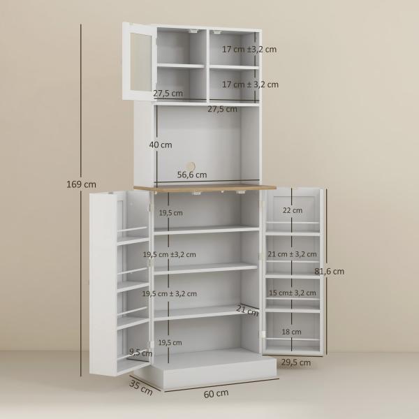 Armário de Cozinha Armário Alto de Cozinha com 3 Portas Prateleiras Ajustáveis e Prateleiras na Porta 60x35x169 cm Branco