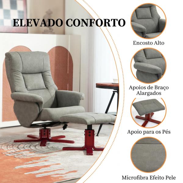 Poltrona Reclinável com Apoio para os Pés Estofada em Tecido Técnico Estrutura de Madeira Função Basculante Cinzento